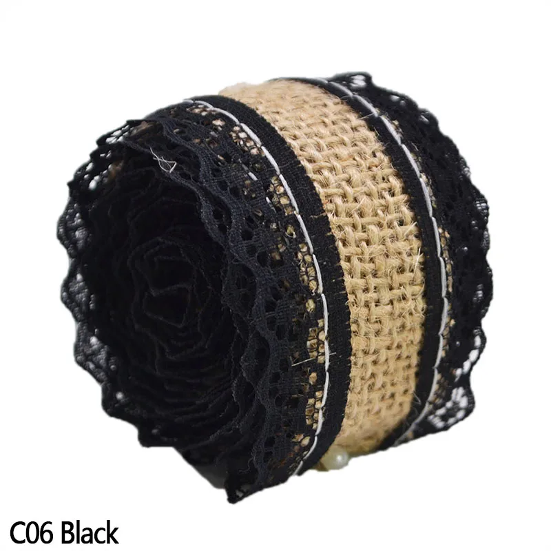 C06 Black 2 м/рулон многоцветная джутовая кружевная лента деревенские свадебные украшения из натурального кружева обрезанная лента джутовые мешковины поделки на Рождество - Цвет: C06 Black