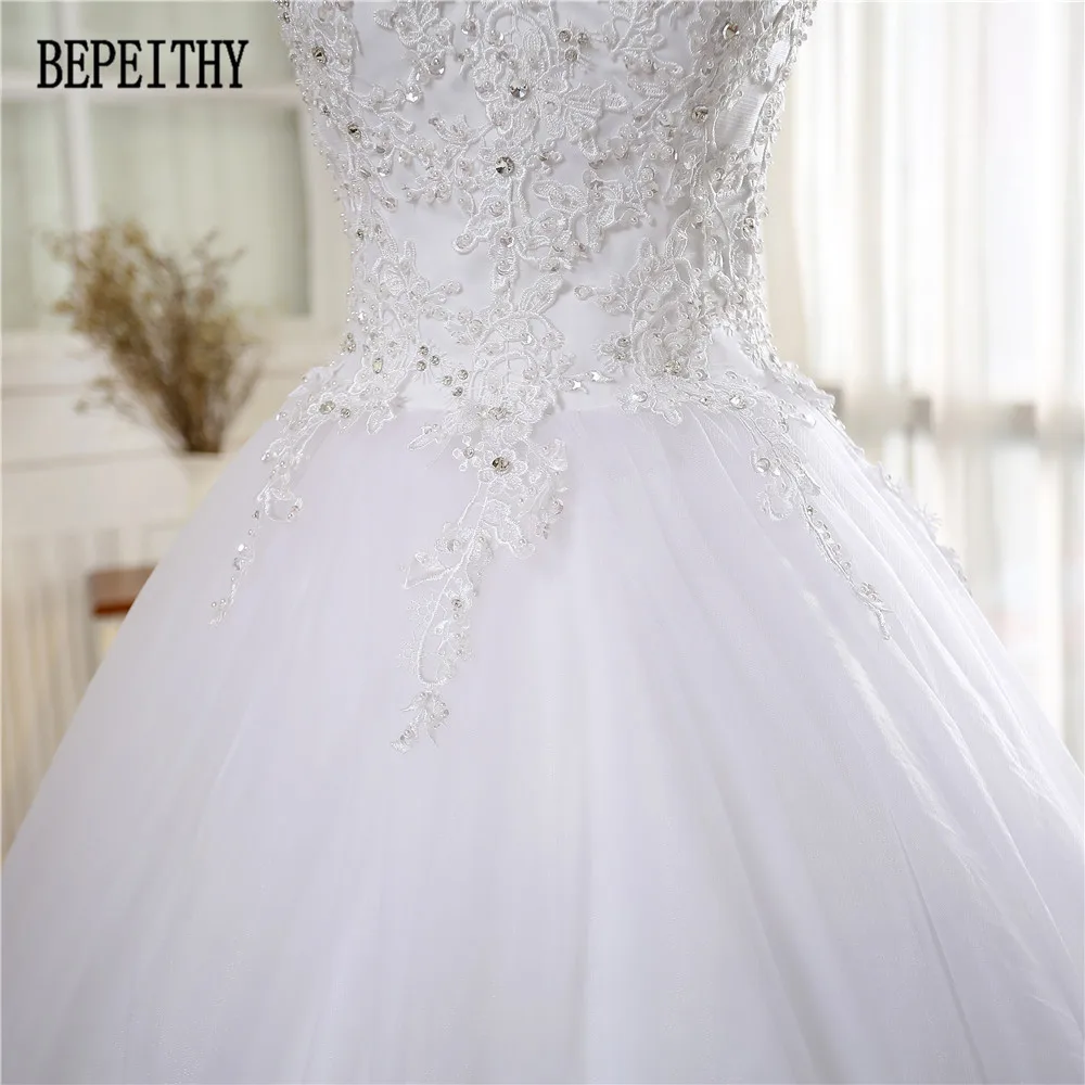 BEPEITHY настоящая фотография Vestido De Noiva Дизайн Глубокий овальный благородный Кружевной Тюль Аппликации бальное платье Свадебные платья
