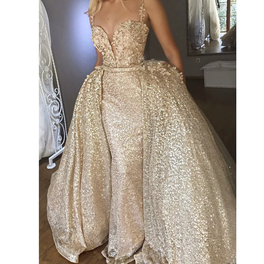 

Shiny Abiye Gold Mermaid evening Dresses With Puffy Detachable Train Sequin Lace Party Gown Sweetheart Saudi Arabia Abendkleider