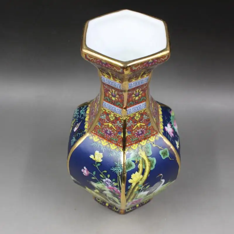Qing Qianlong антикварная синяя керамическая ваза с эмалью шестиугольная цветком