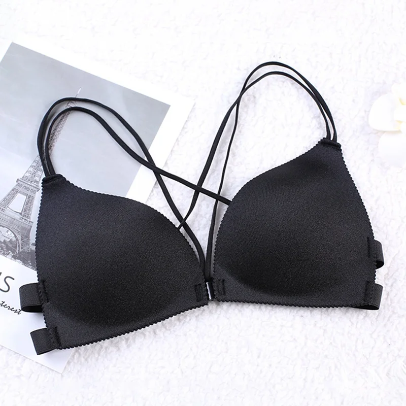

One Piece Front Buckle Triangle Cup Bra For Women Solid Color Wire Free Padded Cross Back Off Shoulder Back Bra