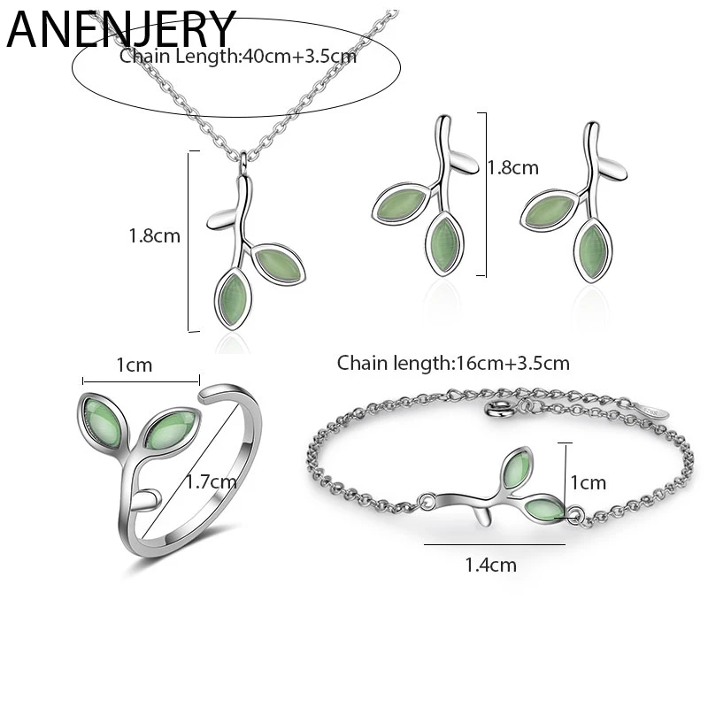 ANENJERY, 925 пробы, серебряные ювелирные наборы, Опаловый лист, бутон, ожерелье+ серьги+ кольцо+ браслет для женщин, летние ювелирные изделия, подарок