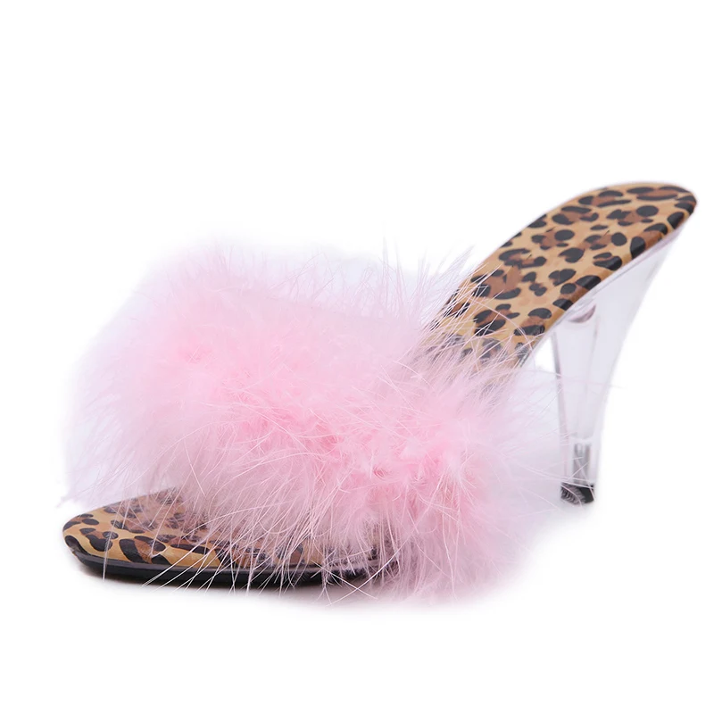 Pink 10cm Пикантные леопардовые тапочки с перьями; большие размеры 34-45; женские летние меховые вечерние силиконовые стельки для защиты от натирания ног; женские интересные сандалии; WS0022 - Цвет: Pink 10cm