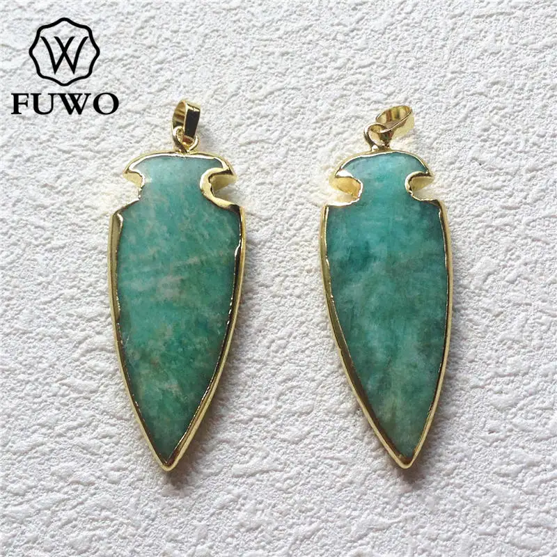 

FUWO Natural Arrowhead Amazonite Stone Pendant With 24K Gold Electroplated Edge Fashion Green Gem Stone Pendant PD175