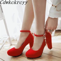 spring new pattern fashion simplicity round head high heeled women shoes gules black shallow mouth marry women shoes size 34 43