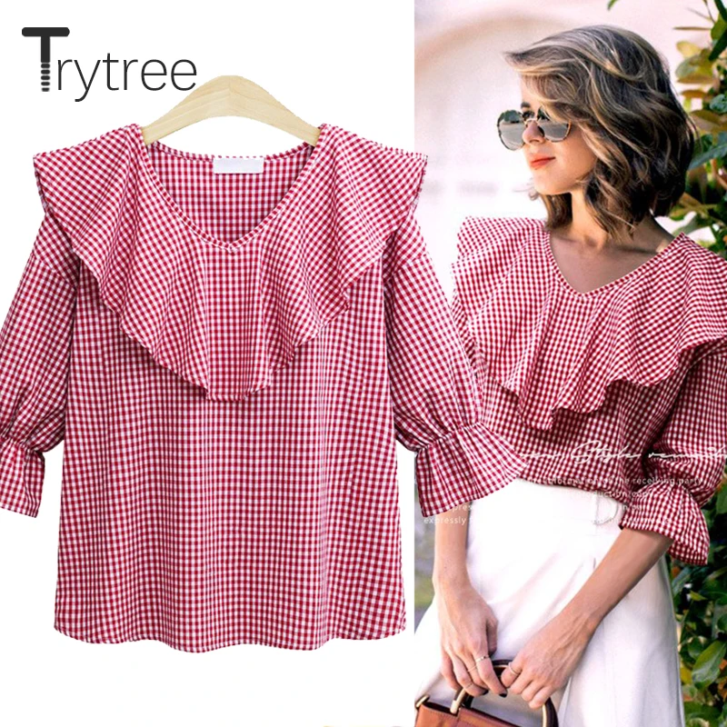 Женская клетчатая блузка Trytree черный топ с оборками Повседневная рубашка из