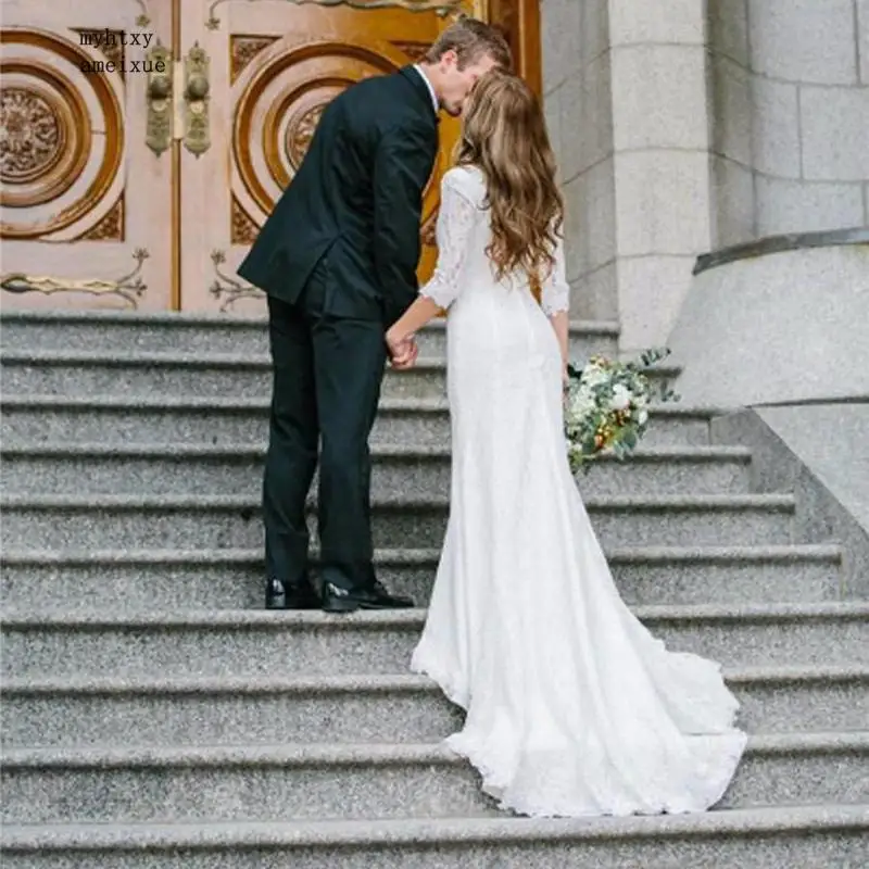 

Sexy Cheap Boho Wedding Dress With Long Sleeve V Neck Lace Mermaid White Ivory Beach Bridal Gown Wedding Gown Free Shipping 2020