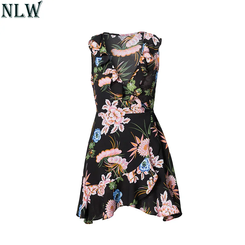 NLW Ruffles Boho Цветочный принт с v образным вырезом мини платье 2018 летнее женское