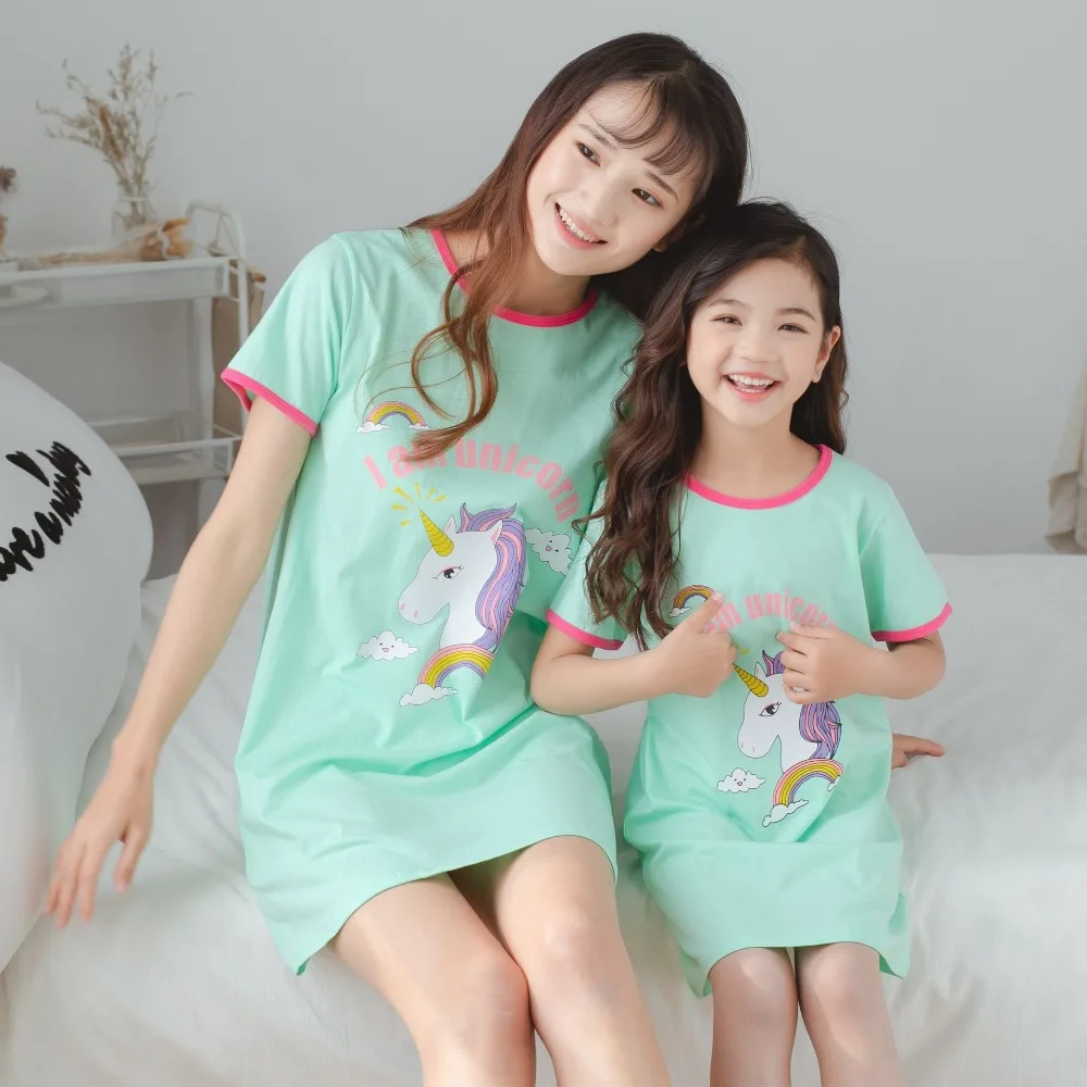 Mother Kids Unicorn Pajamas Mom and Daughter Dress Family Matching Clothes Homewear Baby Girls Cartoon Sleepwear Summer Dresses