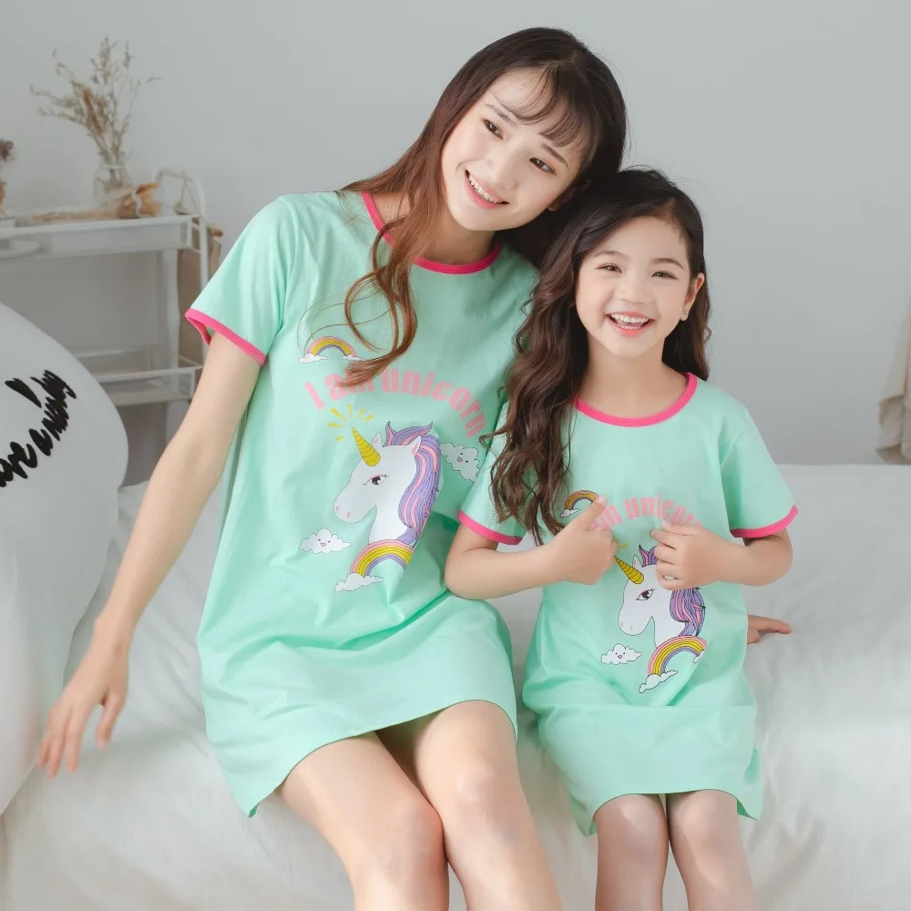 

Mother Kids Unicorn Pajamas Mom and Daughter Dress Family Matching Clothes Homewear Baby Girls Cartoon Sleepwear Summer Dresses