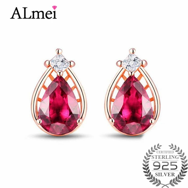 Женские серьги капельки Almei из серебра 925 пробы с красным фианитом в форме капли