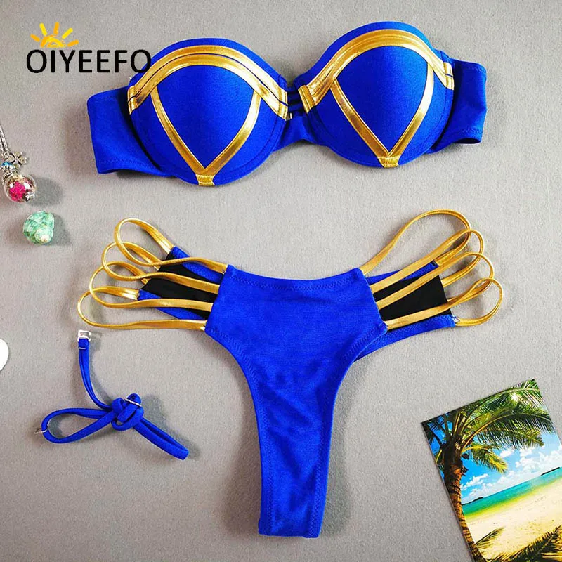 Oiyeefo Push Up Бикини Бразильский Блестящий Золотой Металлик лоскутное купальник Push-Up