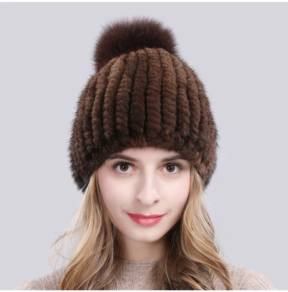 Lovely Real Mink Fur Hat Women Winter Knitted Real Mink Fur Beanies Hats With Fox Fur Pom Poms New Thick Real Mink Fur Cap