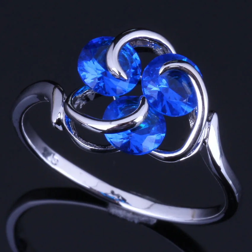 

Fascinating Three Stones Round Blue Cubic Zirconia Silver Plated Ring V0689