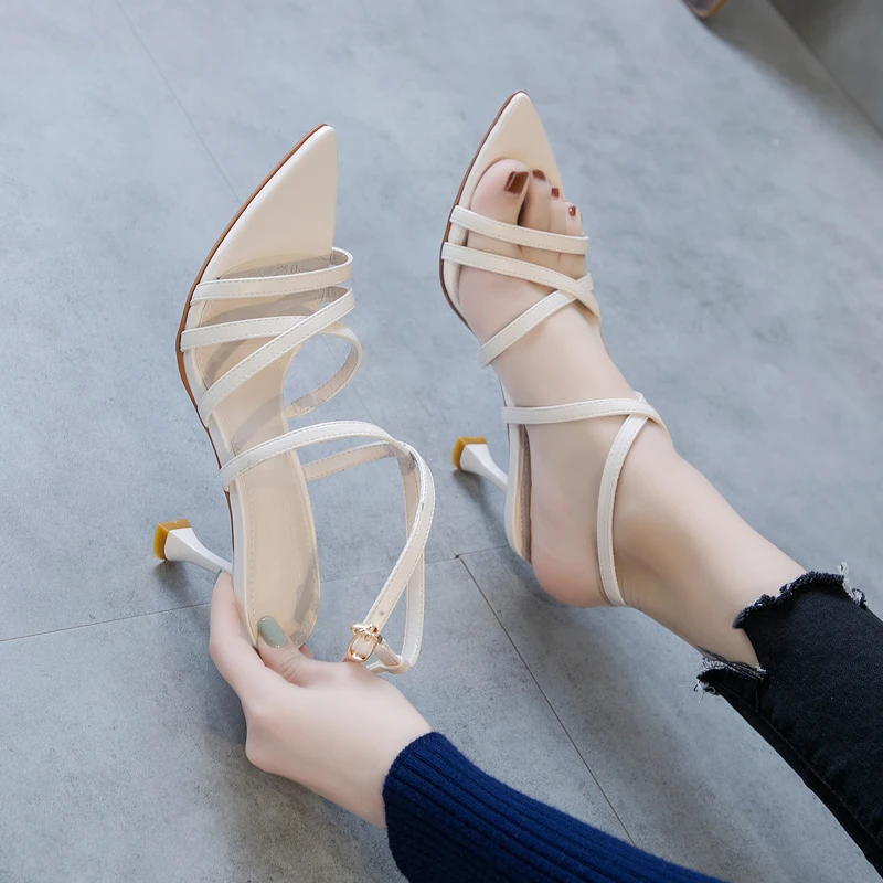2019 summer new open toe high heel women's cross with a word buckle stiletto sandals | Обувь