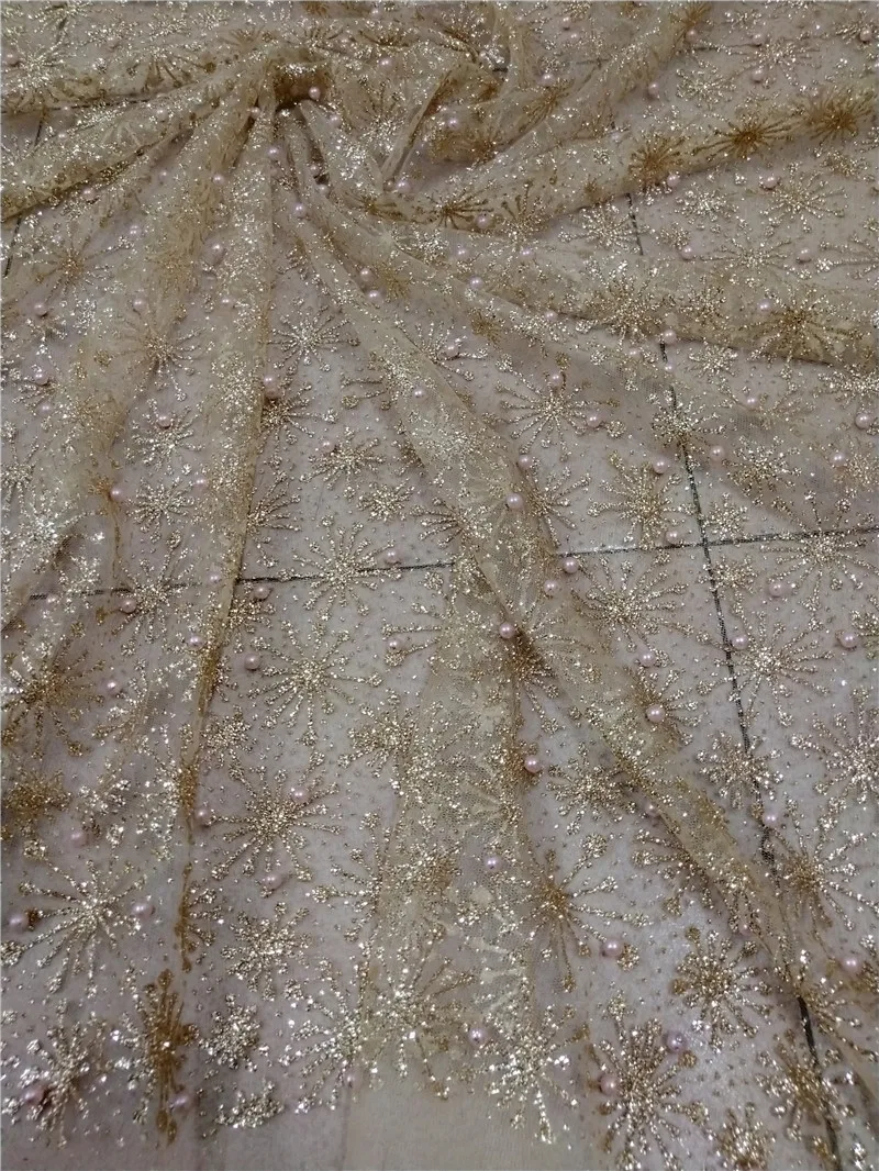 Блестящая африканская блестящая фатиновая ткань YG-325 кружевная с жемчугом для