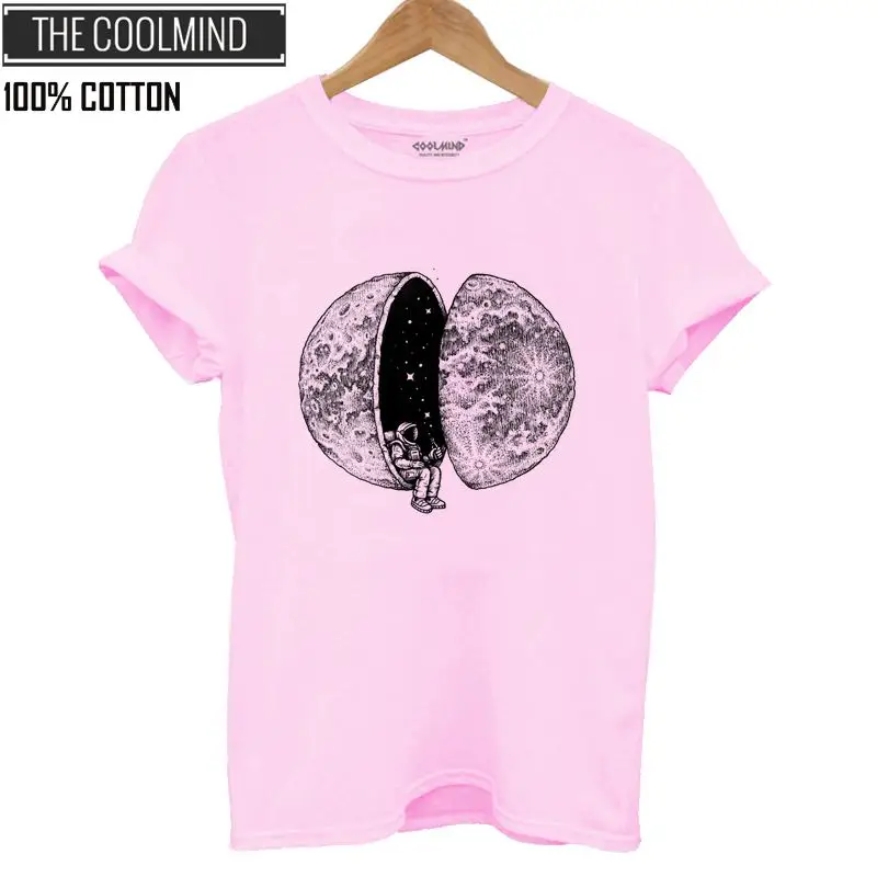 QI0233B-PINK COOLMIND QI0233B хлопок короткий рукав лето луна Печать Женская футболка Повседневная o-образным вырезом свободная футболка женская футболка - Цвет: QI0233B-PINK