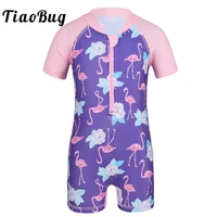tiaobug baby girls one piece swimsuit short sleeves flower flamingo pattern swimwear rash guard children toddler bathing suit