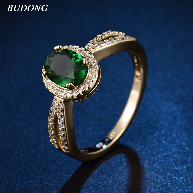 Женское кольцо на палец BUDONG Золотое с овальным зеленым кристаллом циркония 2017|rings
