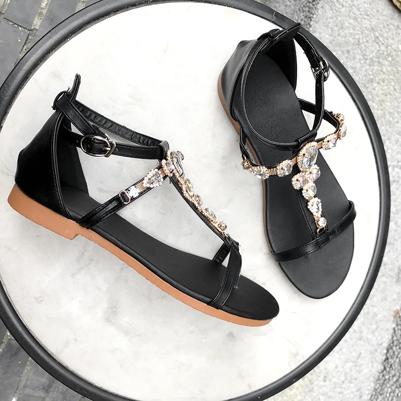 

ESRFIYFE Women Large Size 34-50 Sandals Women Shoes Rhinestones Chains Thong Gladiator Flat Sandals Slippers Crystal Chaussure