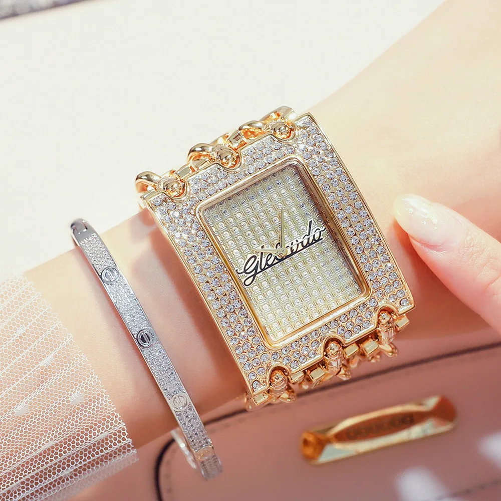 

NEW G&D Women's Watches Gold Luxury Rhinestone Ladies Bracelet Watch Fashion Quartz Wristwatches Rectangle Relojes Mujer Clock
