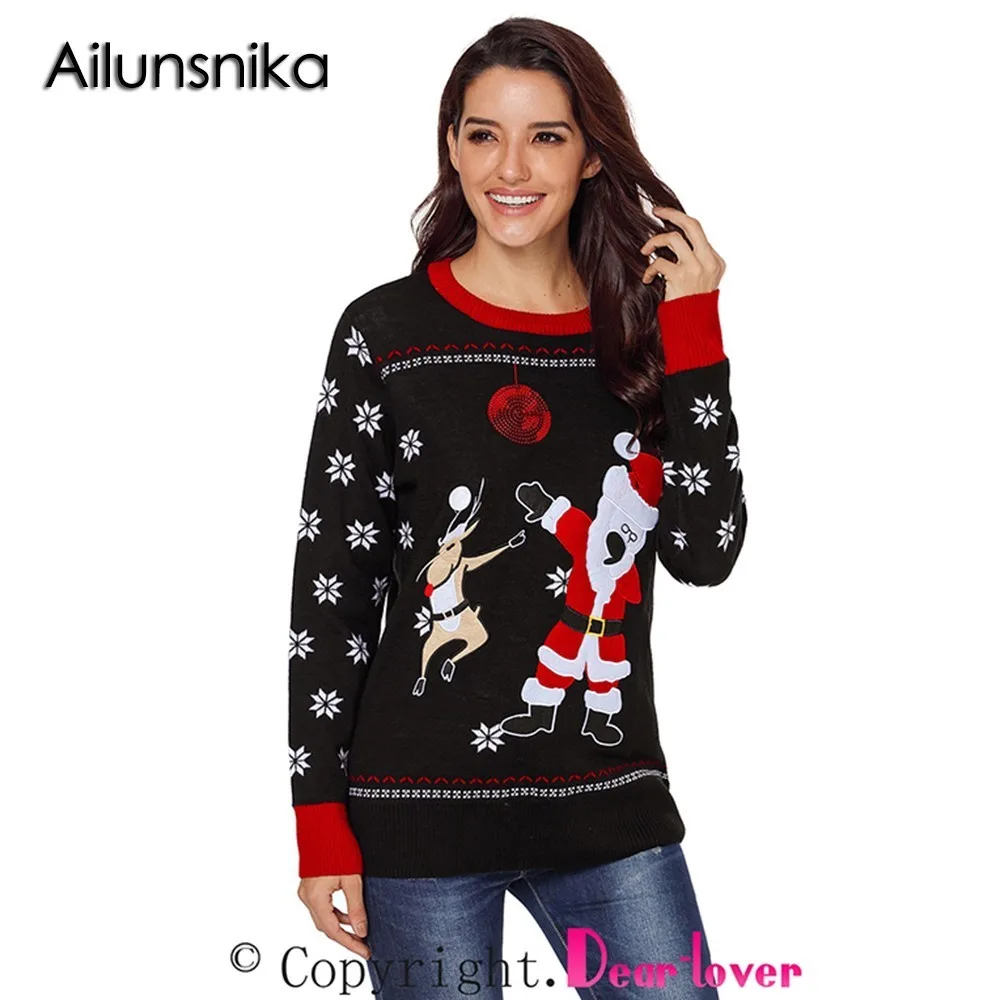 Ailunsnika 2018 Women Casual Black O-Neck Full Sleeve Reindeer Snowflakes Santa Sweater For Christmas Day Size S-XXL DL27823 | Женская