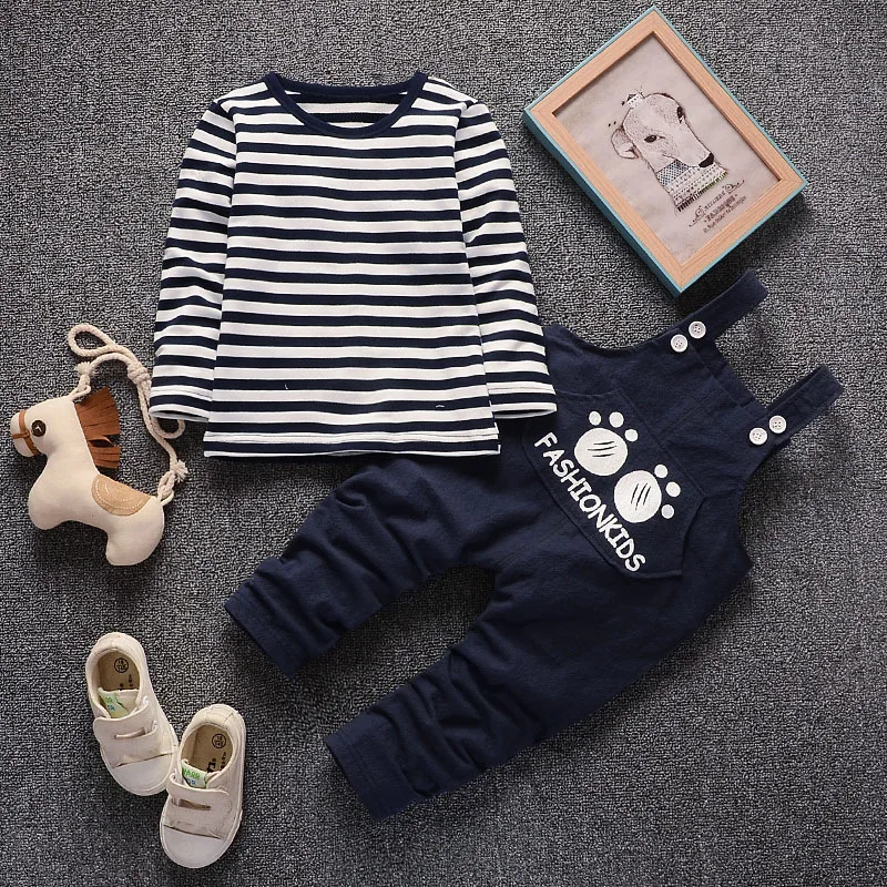BibiCola spring autumn children boys clothing sets kids striped tops+overalls pants clothes suit for baby tracksuit outfits |