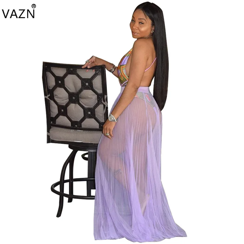 VAZN Summer New Sexy Style 2019 Women 2 Piece Set 1Piece Bodysuits Hollow Out Maxi Skirts Chiffon Beach SN3870 | Женская одежда