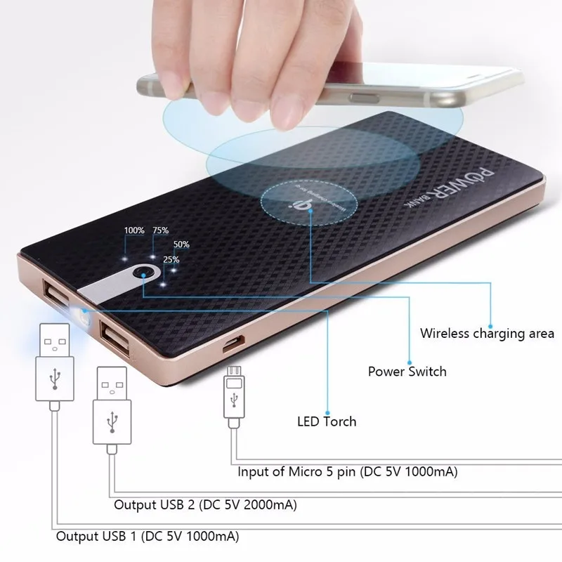 Горячая Wireless Power Bank 8000 мАч Android 2USB Интерфейс СВЕТОДИОДНЫЕ Фонари Портативный