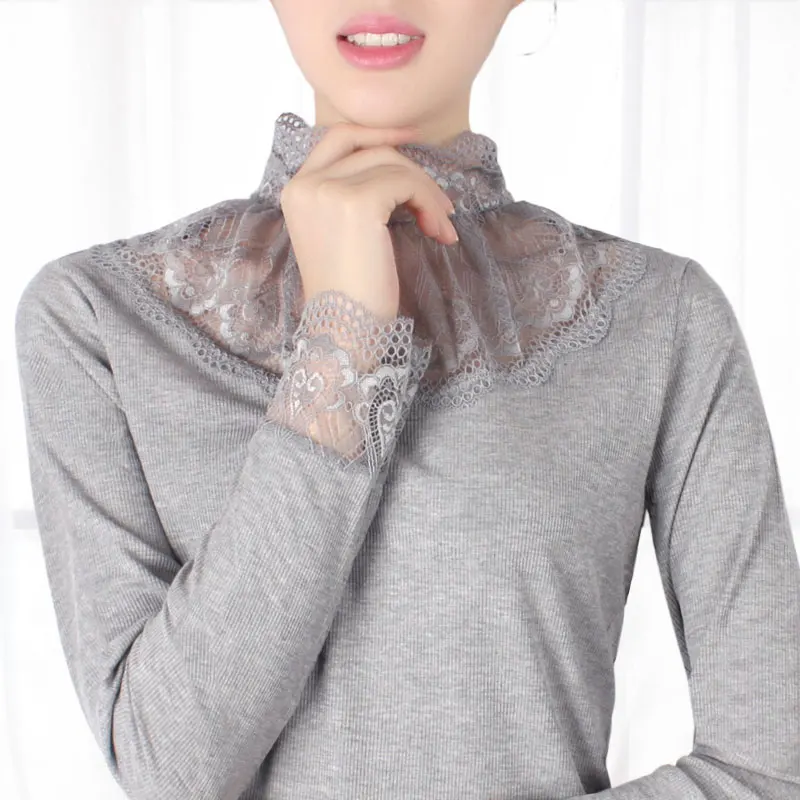 Осеннее термобелье Женская свободная водолазка с кружевными манжетами для