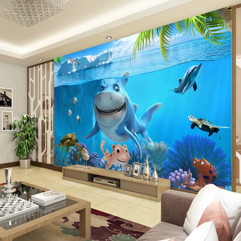 

3D Cute Shark wallpaper Underwater World Wall Mural Custom photo wallpaper Kids Bedroom Nursery TV backdrop Cartoon Room Decor