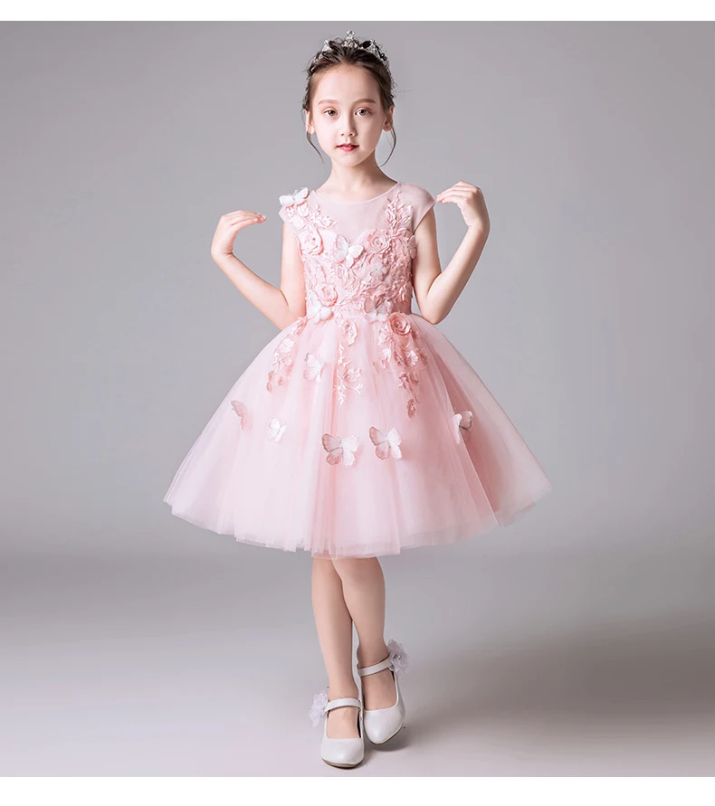 

High-end Girl Wedding Party Flower Girl Dress Beaded Appliques Pink Tulle Princess Pageant Gowns Girl First Communion Dresses
