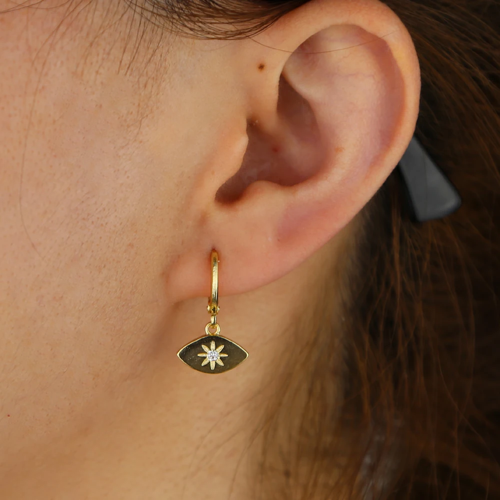 Wholesale factory price Gold filled geometric evil eye shape Engraved north star Simple fashion women lucky hoop charm earrings | Украшения