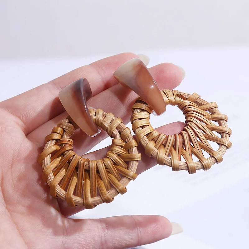 2019 модные коричневые деревянные геометрические серьги из ротанга ручной работы