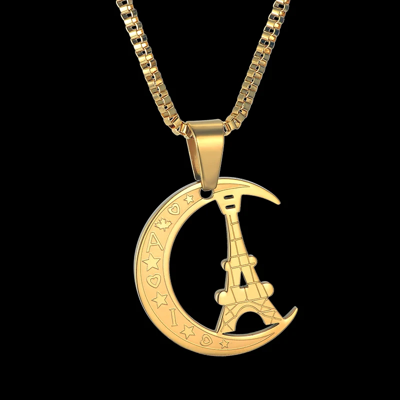 Купи Vintage Men Necklace Women Paris Tower Moon Gold Stainless Steel Charm Pendant Necklaces Collier за 225 рублей в магазине AliExpress