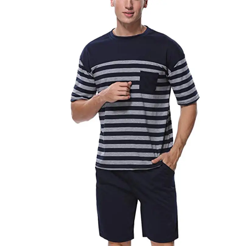 ZHDAOR 2019 стильный мужской Пижамный костюм с короткими рукавами полосатые карманы и