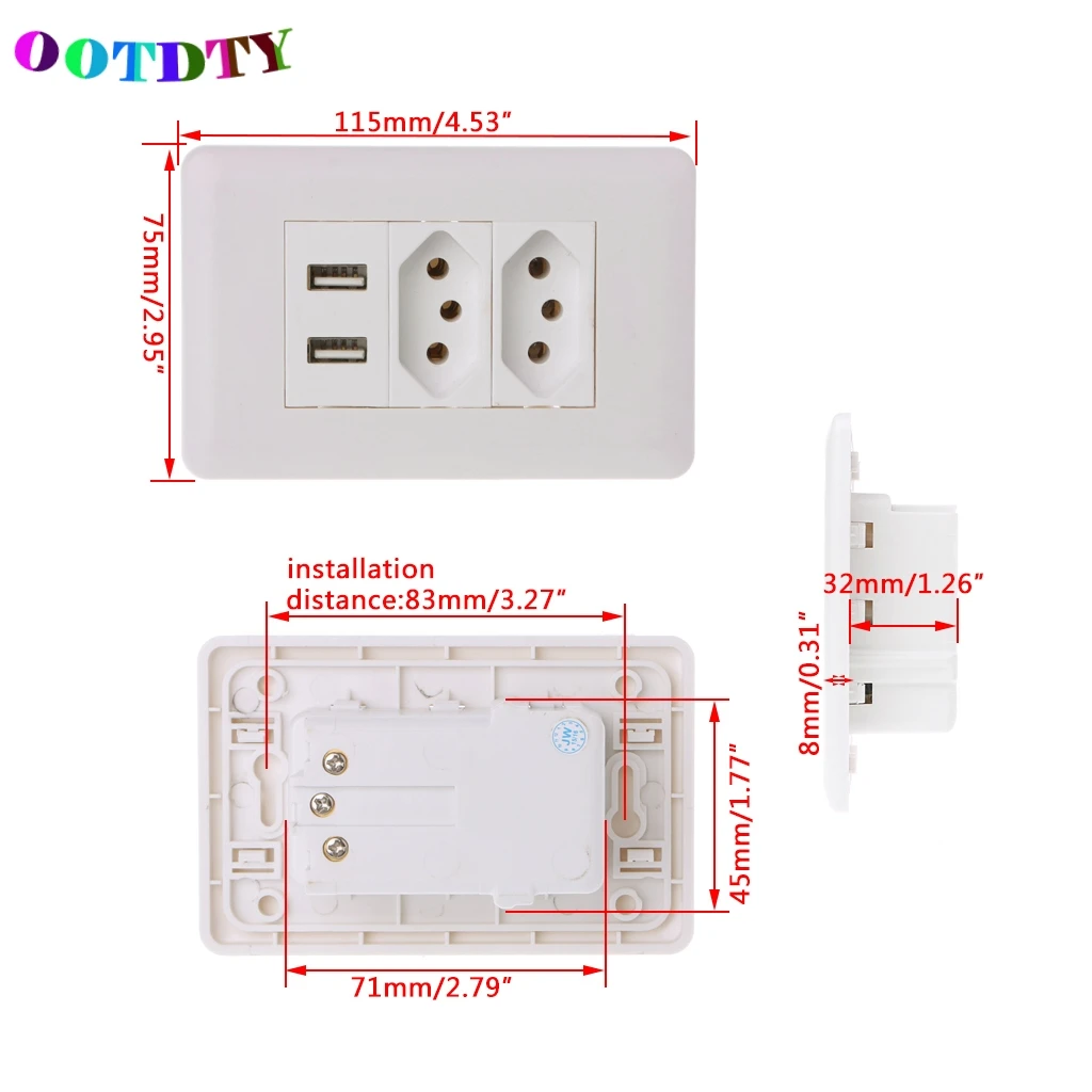 OOTDTY 15A настенная двойная стандартная розетка адаптер с двумя портами USB зарядное