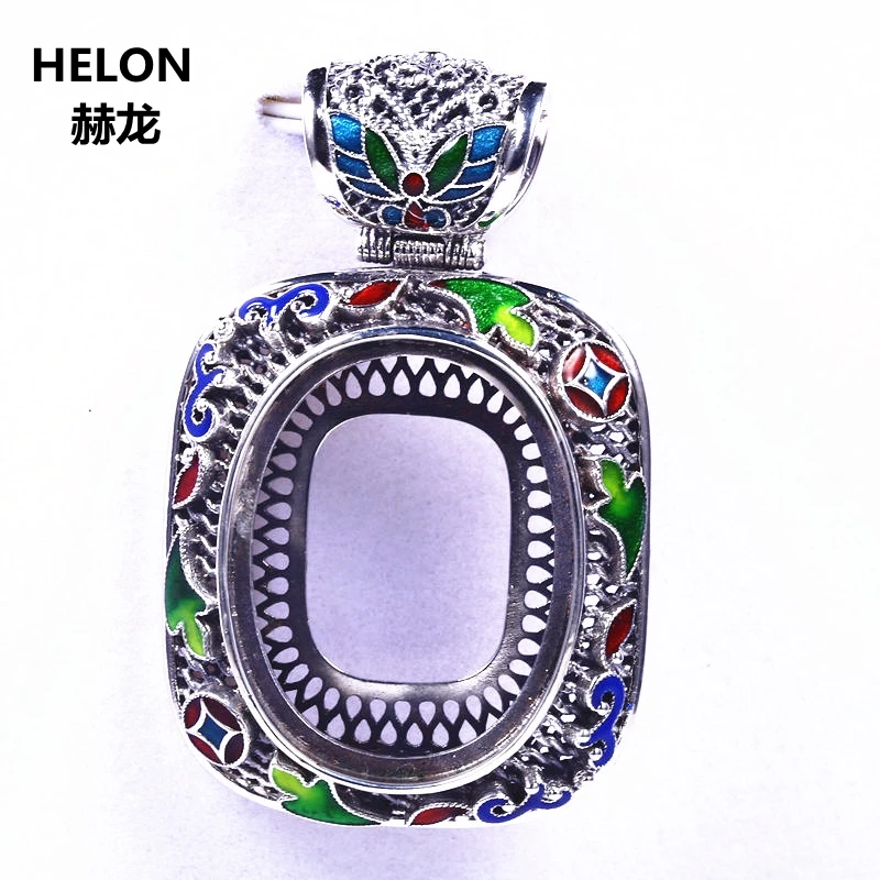 

Cloisonne Enamel 925 Sterling Silver Pendant Vintage Party Semi Mount Pendant 23x30mm Oval Cabochon Lapis Lazuli DIY Stone