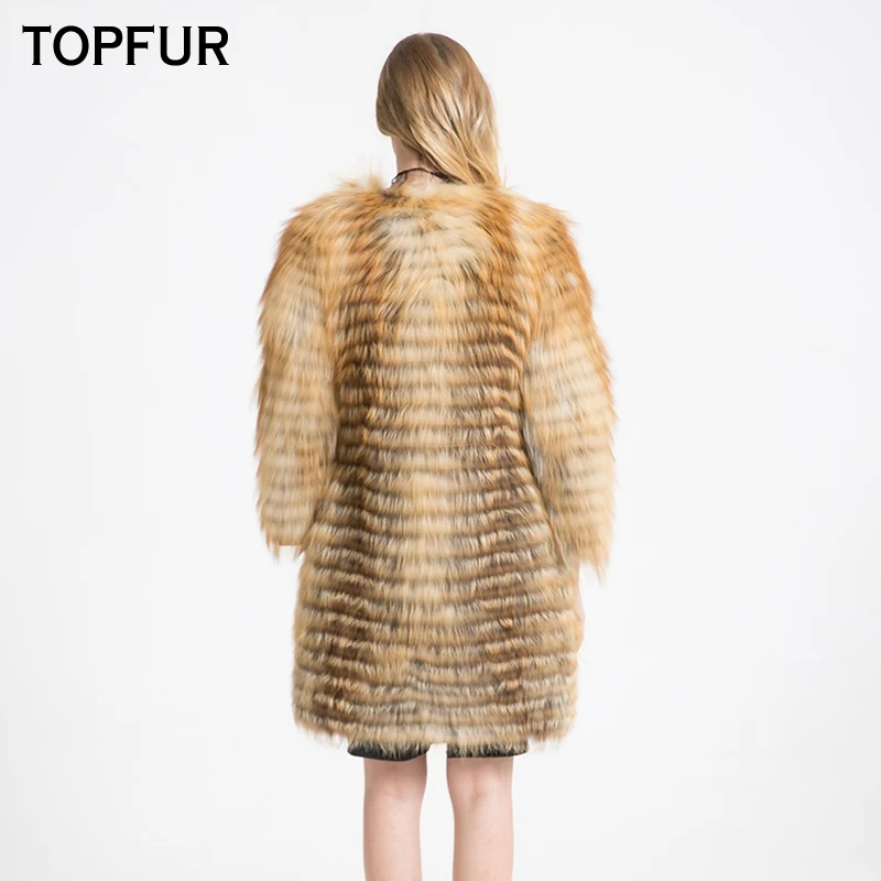 Женское пальто с натуральным лисьим мехом TOPFUR длинное круглым вырезом и на