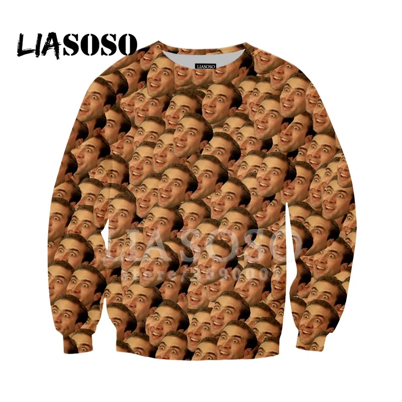 LIASOSO, новинка, толстовка, худи, 3d принт, Николя, клетка, смешное лицо, кинозвезда, для мужчин и женщин, повседневные пуловеры, круглый вырез, длинный рукав, X1394 - Цвет: 1