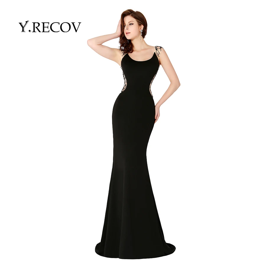 Черный формальный платье yd2404 труба бисероплетение sheer вернуться sexy пром dress black prom