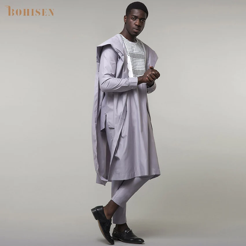 BOHISEN African Print Cotton Men Clothes 3 Pieces Bazin Agbada Long Sleeve Party Vogue Dashiki Formal Dress For Men
