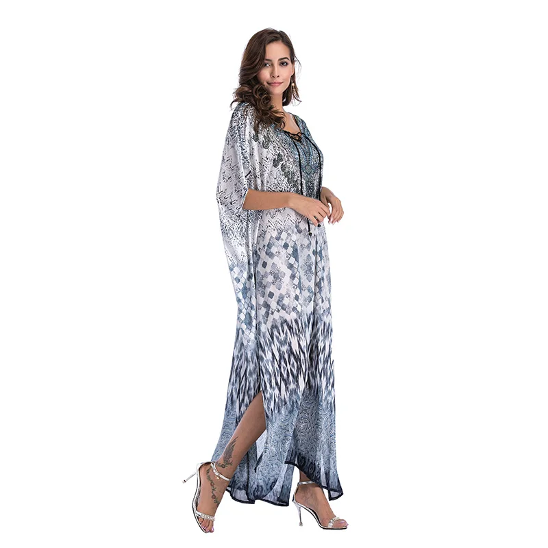 Vestidos Verano 2018 Summer Robe Femme Boho Open Loose Long Chiffon Batwing Sleeves V Neck Lepord Print Party Beach Dress W1010 | Женская