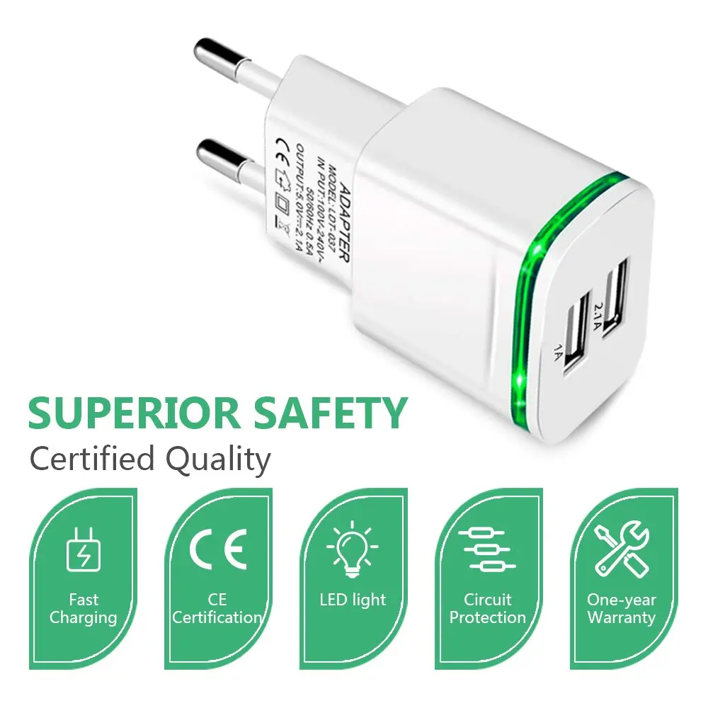 2 порта USB зарядное устройство адаптер 3.1A Зарядка для путешествий Светодиодная