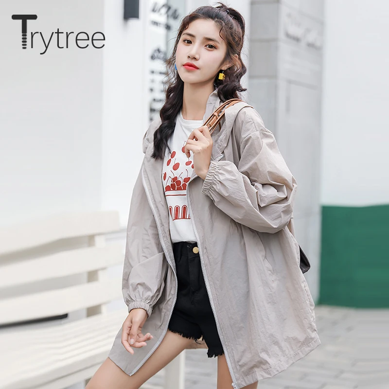 Trytree/куртки на лето и осень повседневные с капюшоном буквенными карманами молнии