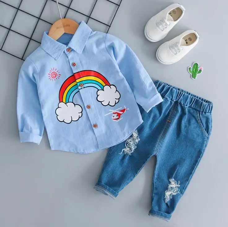 JH caihong Blue Детская Костюмы Демисезонный для маленьких девочек модные комплекты одежды для мальчиков "Радуга" Рубашка с отворотом и дырявые джинсы 2 шт./компл. младенческой Повседневное Детские костюмы - Цвет: JH caihong Blue