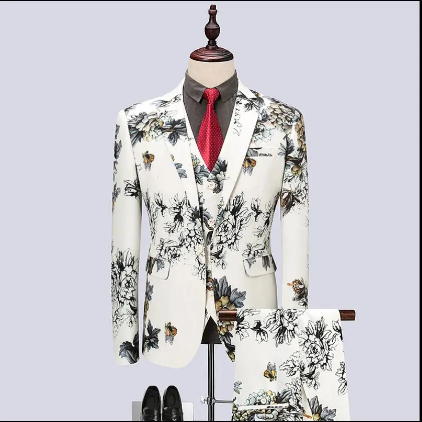 

M-6xl New Print Suits Men Three-piece Chinese Style Slim Ink Flower Casual Small Suit Non-hot Suit Dress Plus Size Men Clothing