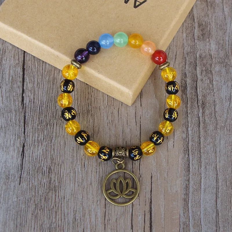 Женский и мужской браслет из семи чакр буддизм Ом Мани Падме ГУМ бусы Лотос
