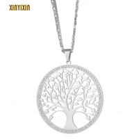 stainless steel tree of life pendant necklace for women color crystal round layered chains long necklace jewelry gifts 2020