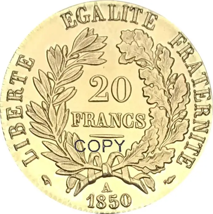 Франция 1850 A 20 франков REPUBLIQUE FRANCAISE LIBERTE EGALITE FRATERNITE Золотая монета латунные